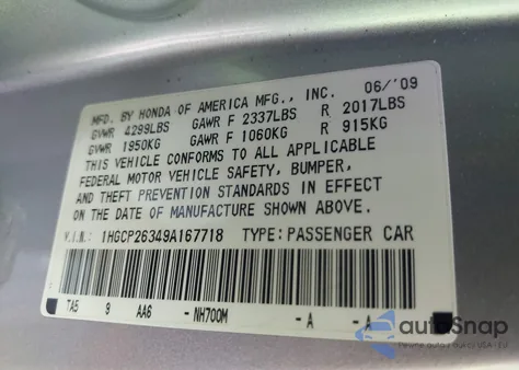 2009 Honda Accord 2.4 Lx from USA, damaged, VIN 1HGCP26349A167718